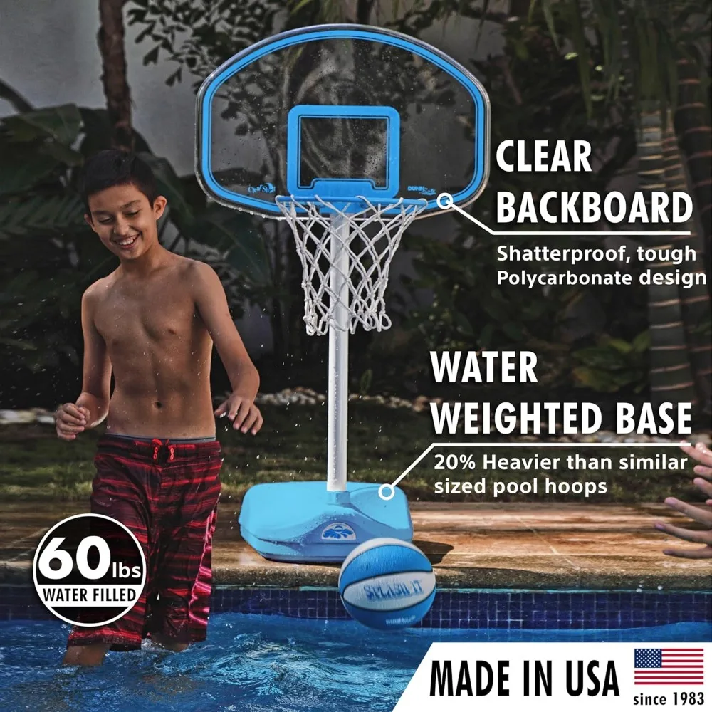 Juego de aro de baloncesto para piscina al aire libre de altura ajustable con llanta de acero inoxidable y pelota incluida, diseño azul claro