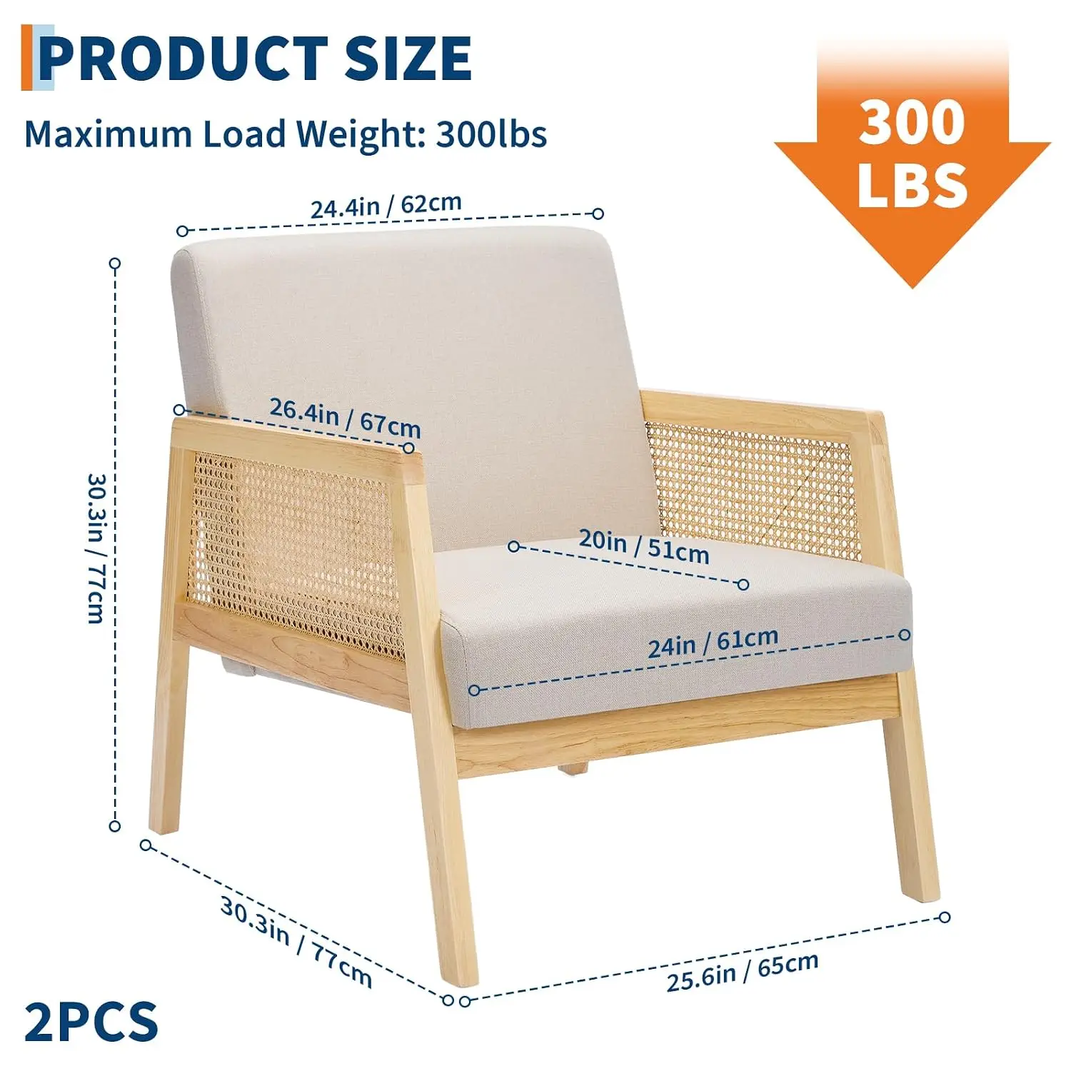 Mid Century Accent Chair with Rattan Backrest & Linen Cushion, Wood Legs Armchair for Living Room Bedroom, 2 PCS, Customized