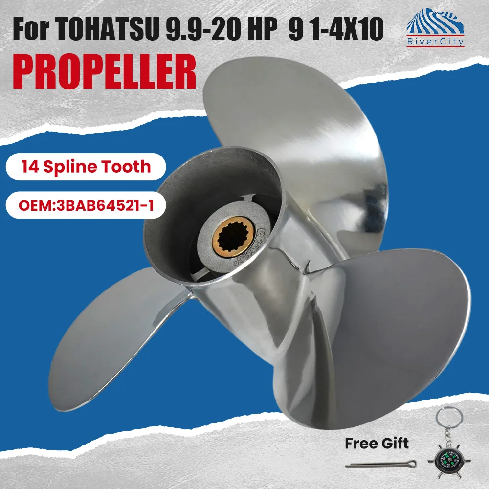 Hélice fueraborda para Tohatsu Nissan 9,9HP 12HP 15HP 18HP 20HP 9,25X10 tornillo inoxidable para barco 3 aspas 14 motor marino estriado