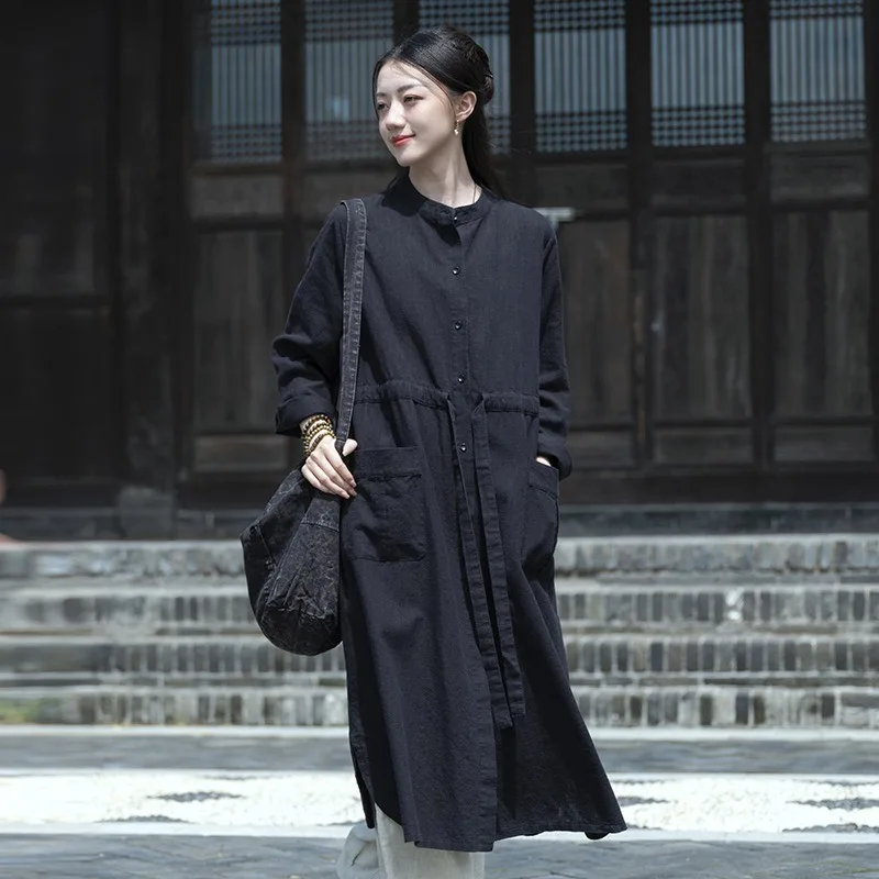 2026 New Cotton and Linen Women's Casual Trench Coat Spring Autumn Long Windproof Cardigan Female Tether Windbreaker Outerwear
