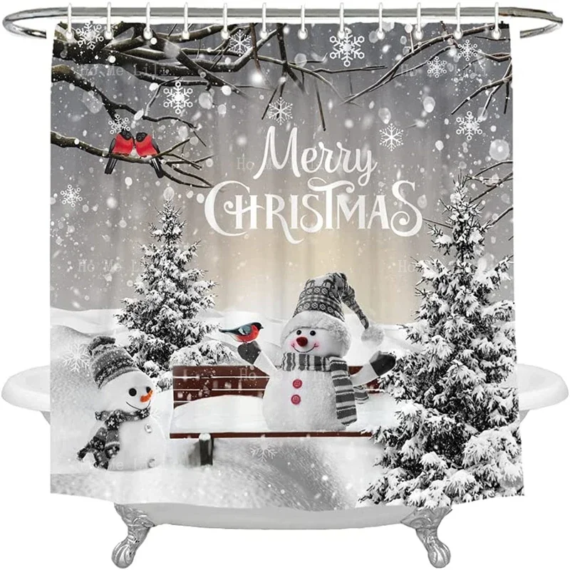 Merry Christmas Winter Snowman Shower Curtain Xmas Tree Cardinal Bird Snowflake Holiday Bathroom Decor With Hooks