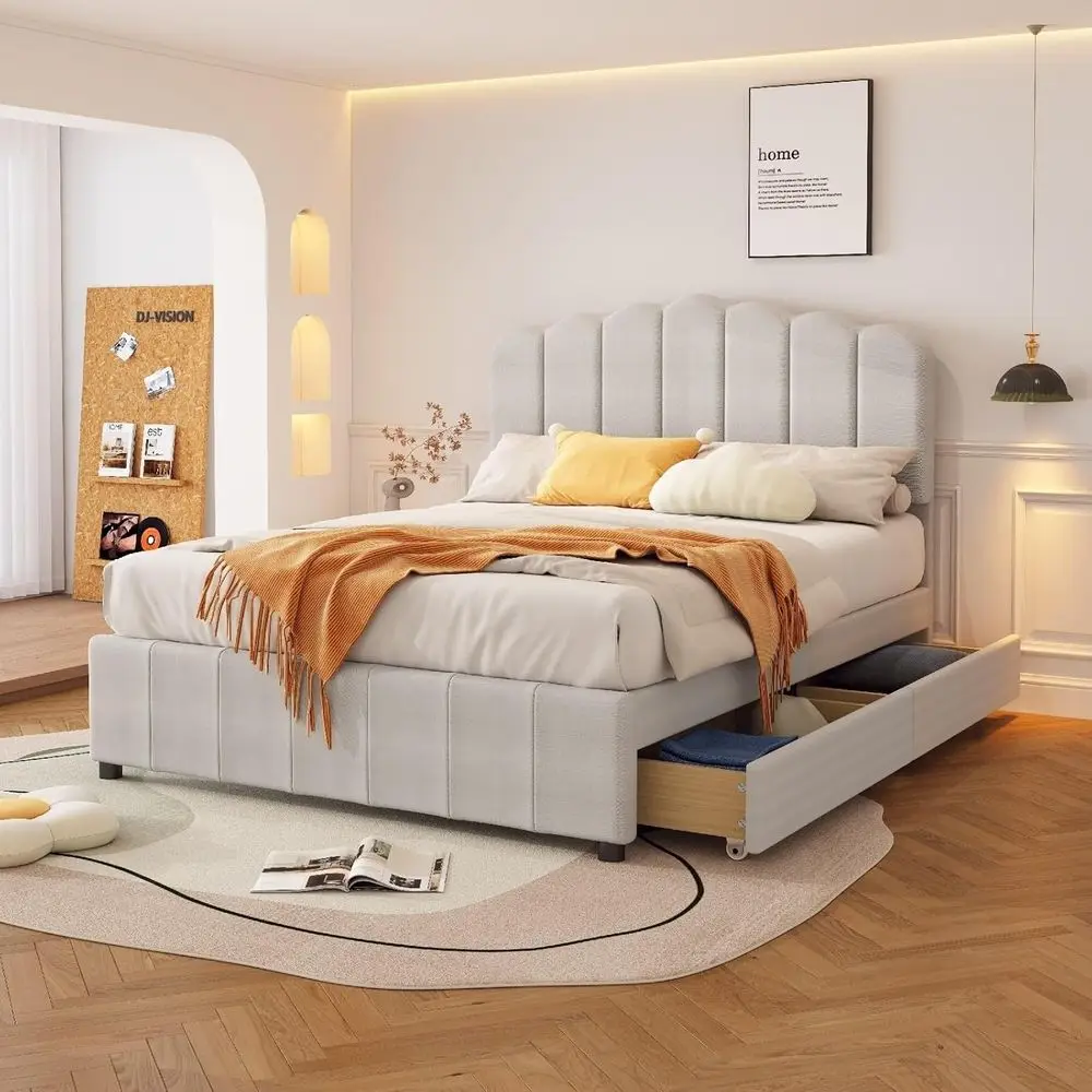 إطار سرير بمنصة كاملة الحجم للرجال مع 4 أدراج تخزين، بيج، دعامة خشبية، 76 لتر × 53.9 وات × 43.7 ارتفاع