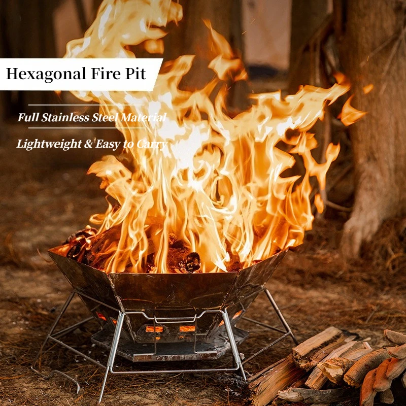 Hexagonal Foldable Outdoor Fire Pit Aluminum Frame Stainless Steel Grill for Camping Heating & Cooking