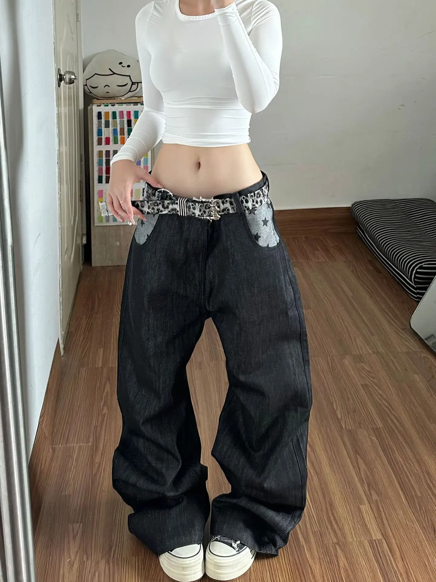 Women Man Black Baggy Y2k Jeans American 2000s Style Japanese Star Splice Pants Vintage Harajuku Oversize Denim Trousers