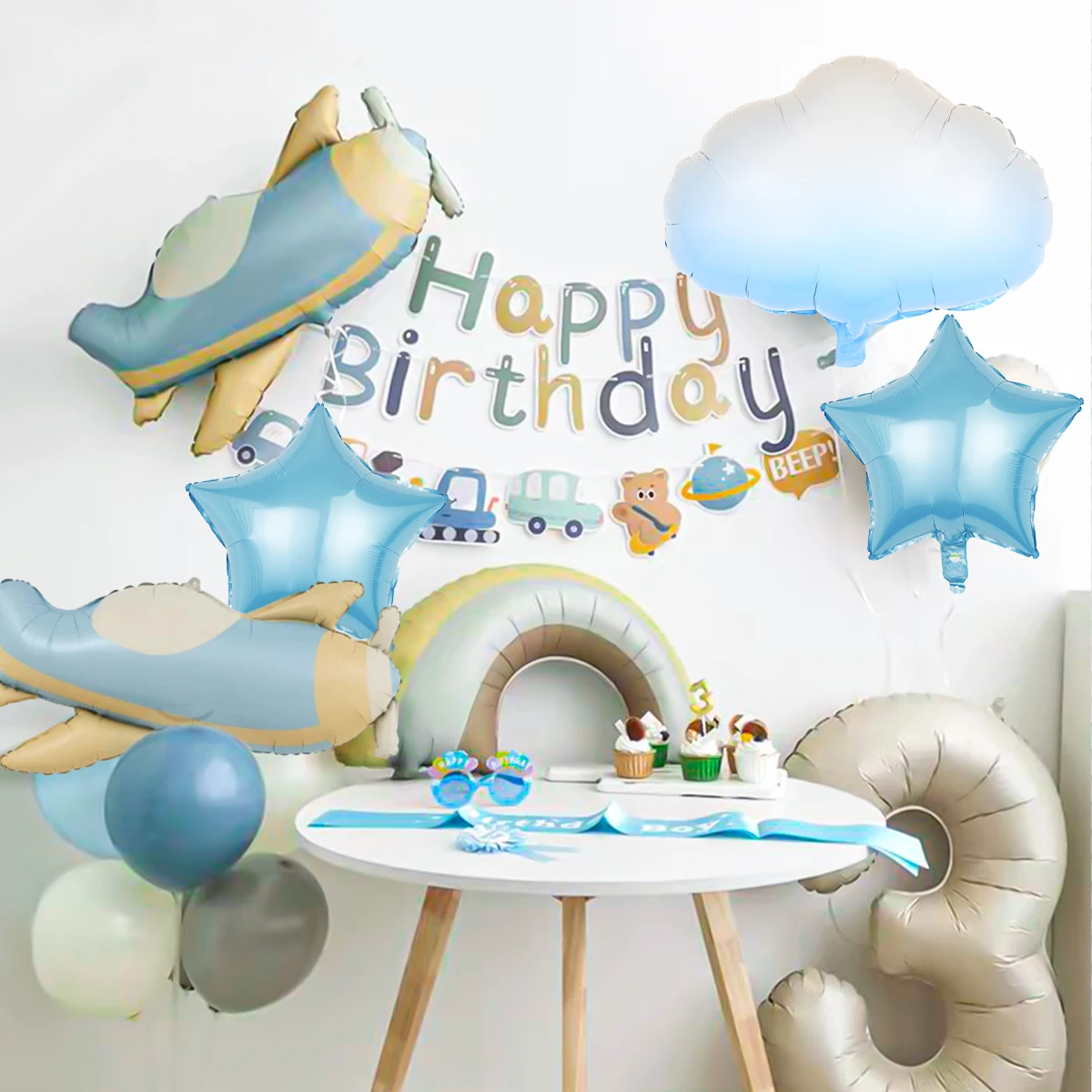 6pcs airplane balloon set, airplane, white cloud, star balloons, suitable for birthday party, adventure theme party decorations