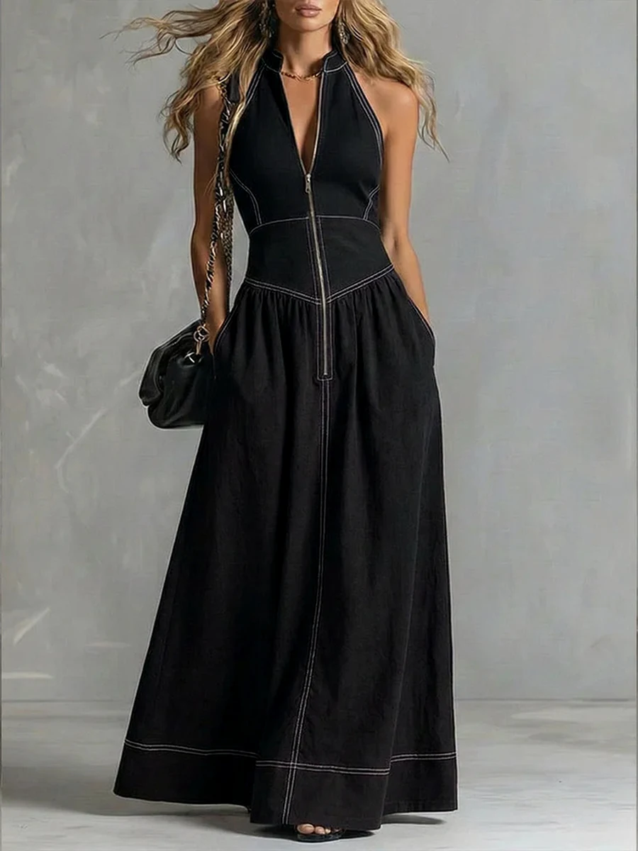 Missuoo 2026 Summer New Women's Halter Neck Sleeveless Maxi Dress Solid Color Front Zipper Contrast Stitching A Line Party Dress