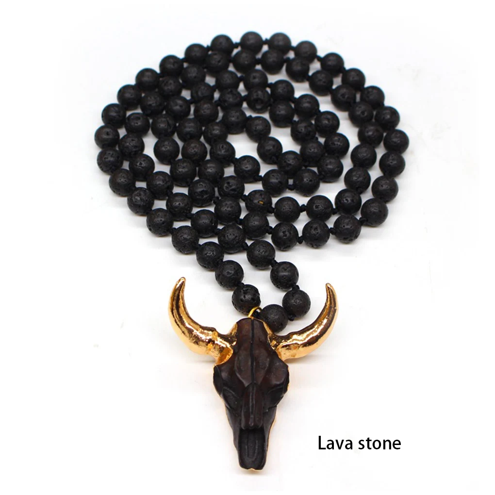 Necklace Lava Stone Ox Head Pendant Jewelry Long Knotted Angel Handmade