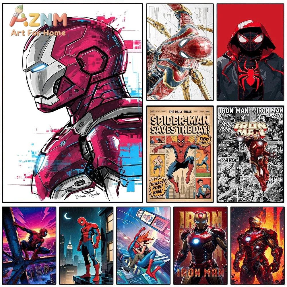 Iron Man Spider‑Man Marvel Superhero Canvas Wall Art Miles Morales Newspaper Comic Pop Style Unframed Canvas Print for Boys Bedr