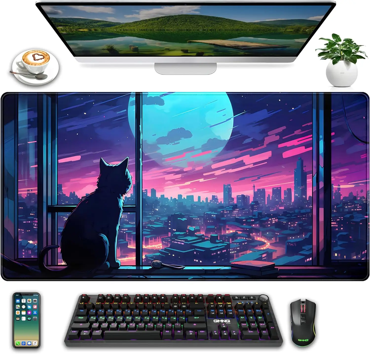 Cool Purple Kawaii Cartoon Moon Cat XL Gaming Mouse Pad Cute City Desk Pad for Girl Women Office Desk Decor 31.5x15.75 inch