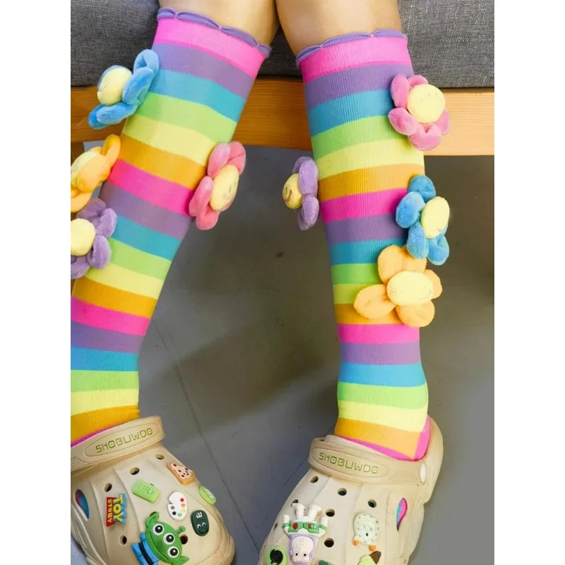 Children\'s Rainbow Striped Stockings, Stockings, Novelty Fashion, AB Knee Socks, Birthday Gift, 4 Sunflower