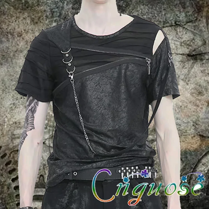2026 Summer Fashion Gothic Punk Zipper Short Sleeved T-shirt Steam Chain Tie Short sleeved Men's T-shirt Top  Clothes