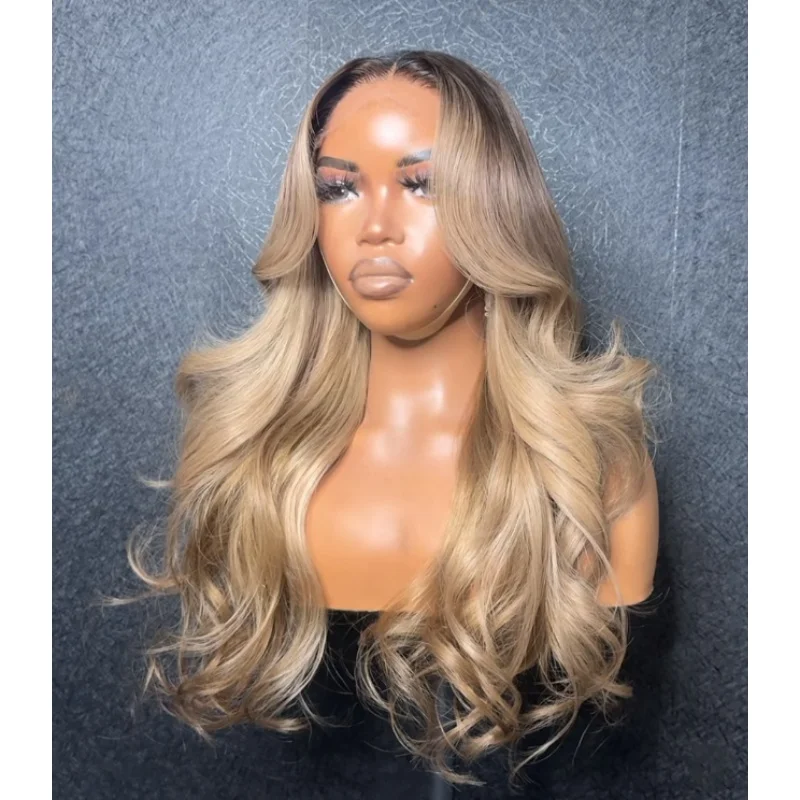

Synthetic Lace Front Wig Wave Layered Body Wave Soft Natural Wig Brown Wig Mix Blonde Free Part Dark Root Natural Wavy Wig