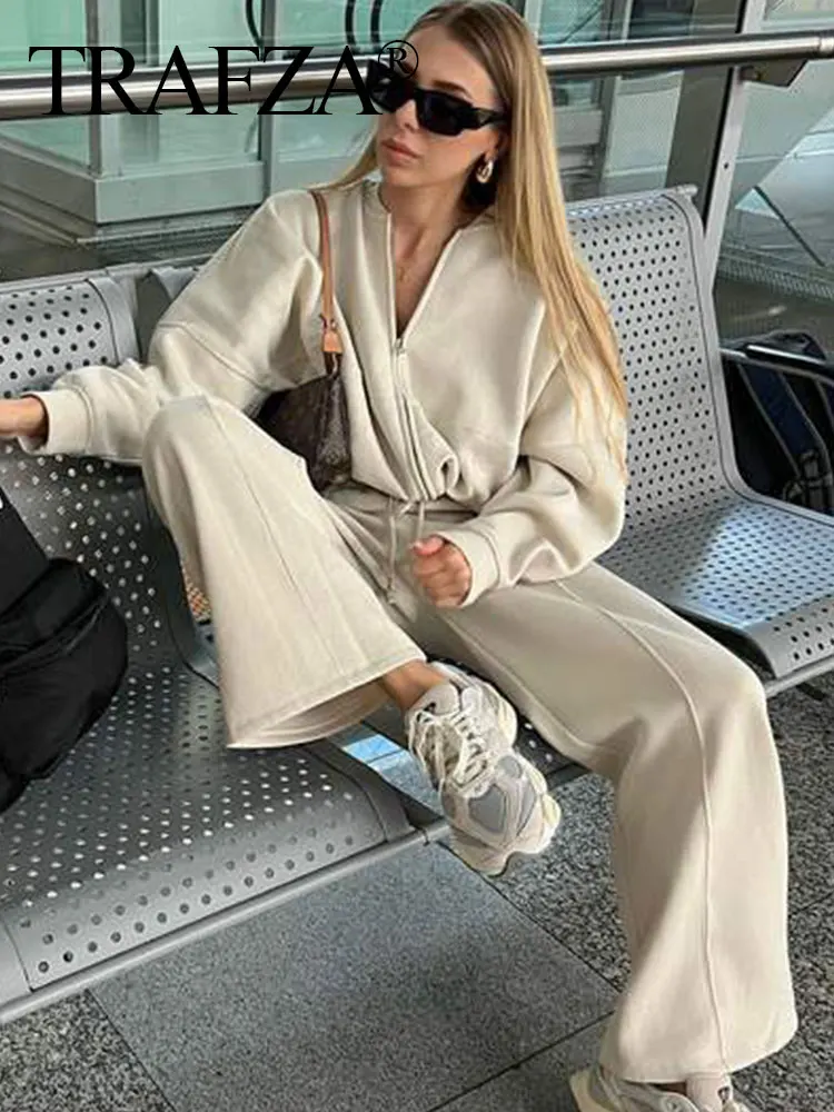 TRAFZA 2024 Woman Solid Trousers Set Long Sleeves Zipper Coat Top + Elastic Waist Lace Up Wild Commute Female Wide Leg Long Pant