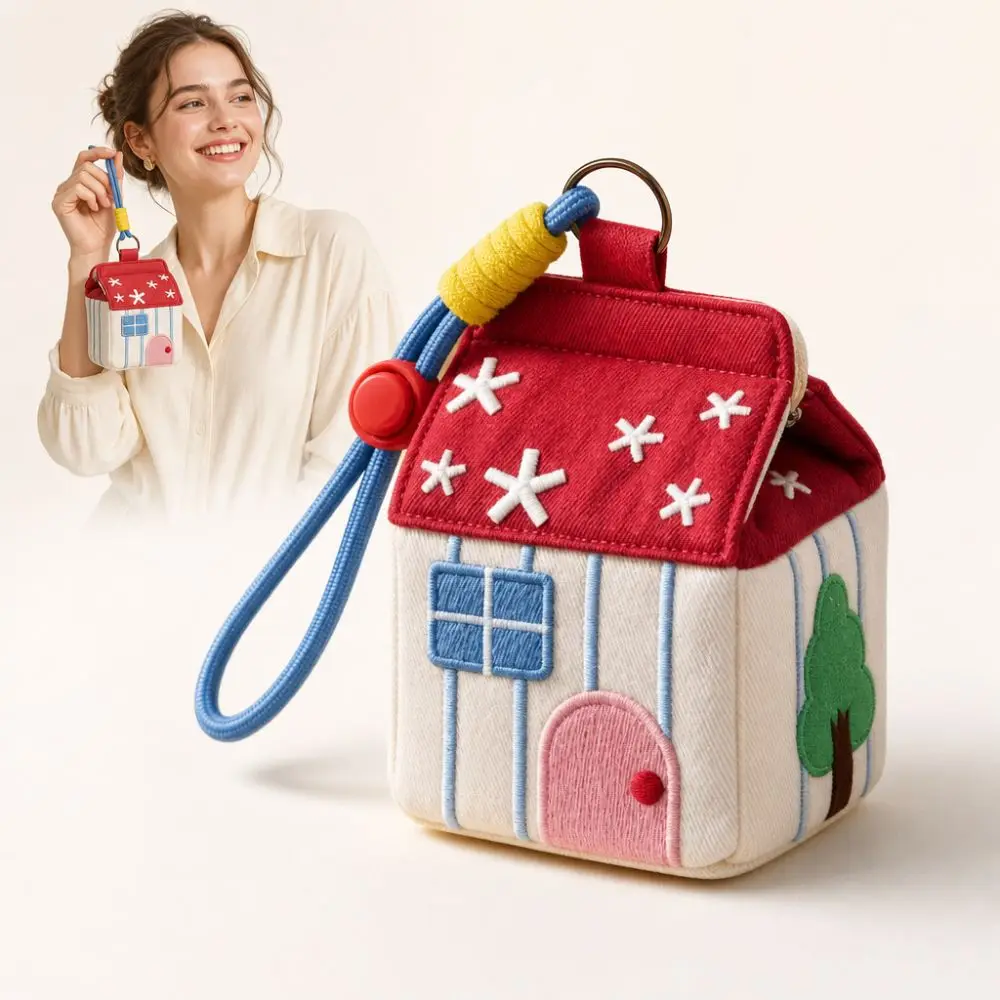 Kawaii Red House Coin Purse Embroidery Pattern Mini Keychain Earphone Bag Large Capacity Hanging Rope Makeup Bag Multipurpose