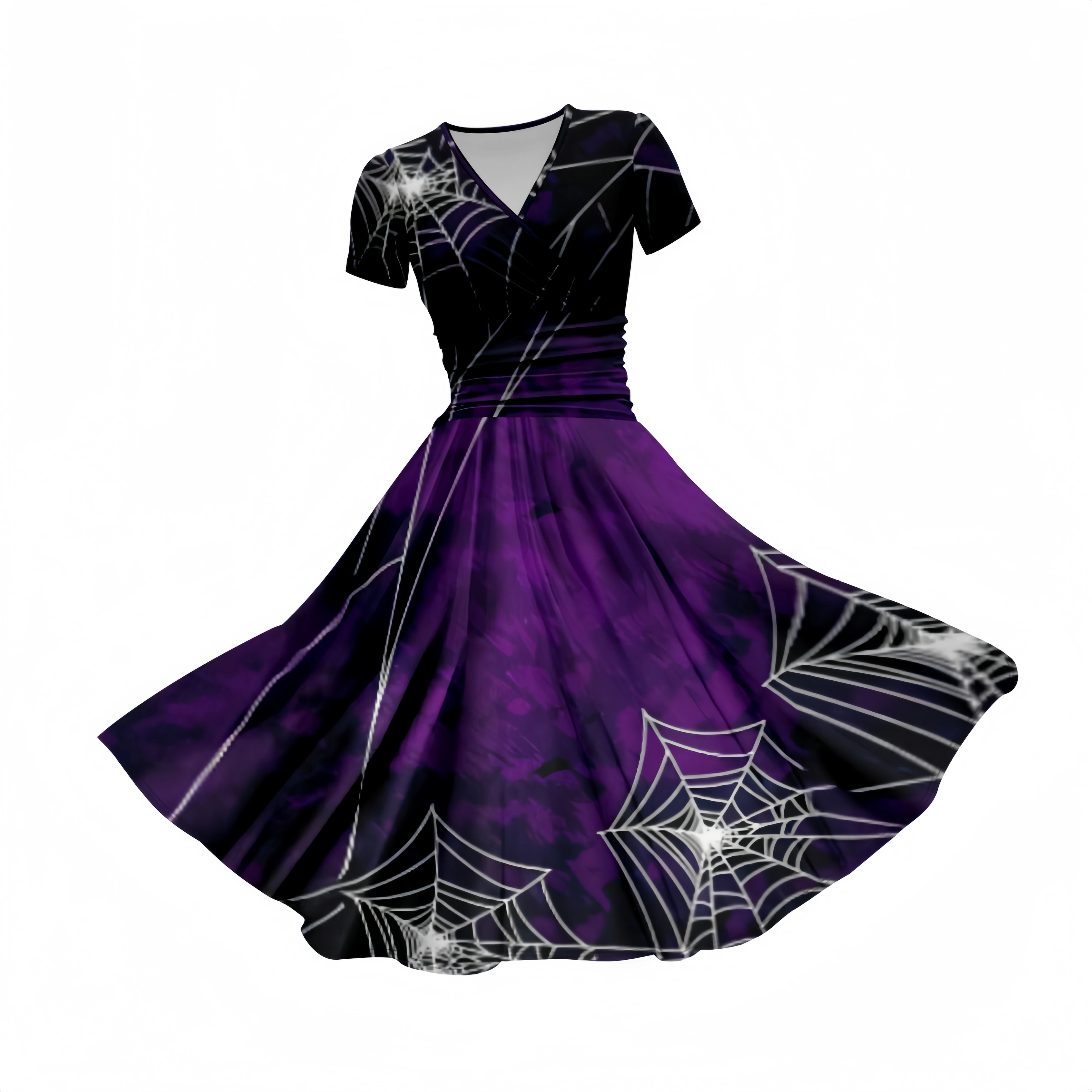 Women's Halloween Style Dark Purple Spider Web Art Print Casual Short-Sleeved V Neck Midi Dress