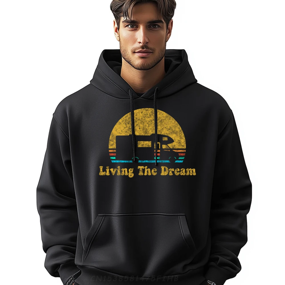 Retro Sunset Rv Living The Dream Camping Graphic Sweatshirts Men Funny Hoodie Christmas Sweater