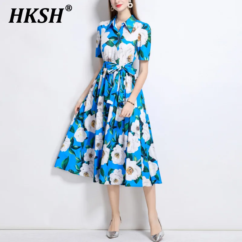 

HKSH Summer New Women Ins Trendy Elegant Turn-down Collar Waist Cinching Slimming Printed Short Sleeve Pleated Midi Dress HK6345