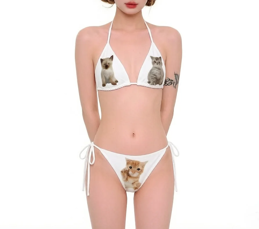 2026 Neues Sommer-Bikini-Set mit süßem und frischem Katzenmuster, Hot-Girl-Set, Nischen-Top mit Hängenähten und Triangel-Schnitt, gebundener String, Strandurlaub-Ins – Detail 3