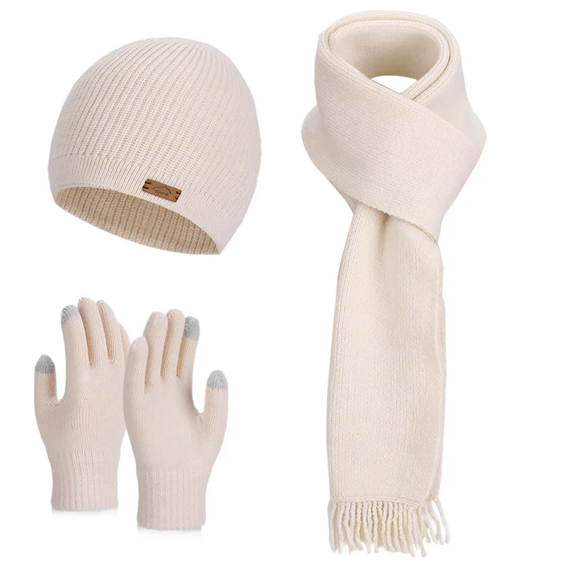 3Pcs Set Hat Scarves Gloves Winter Knit Hat Scarf Gloves Set Unisex Warm Touchscreen Beanie Scarf Gloves Full Matching Windproof