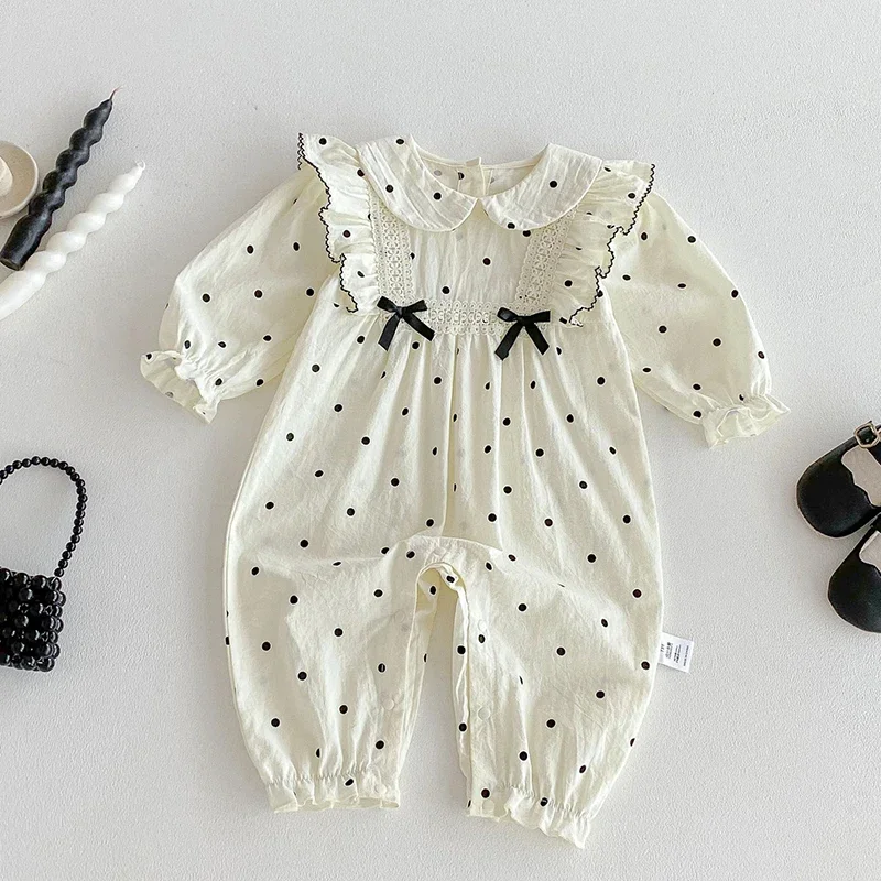 2025 New Autumn Toddler Baby Girls Romper Long Sleeved Cotton Dot Print Infant Baby Girls Jumpsuit 0-24M Children Clothes