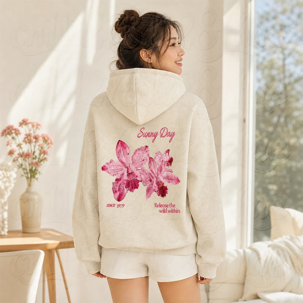 Women's Pink Orchid Floral Graphic Hoodies Vintage Aesthetic Long Sleeve Warm Sweatshirts Casual Autumn Winter Thanksgiving Top