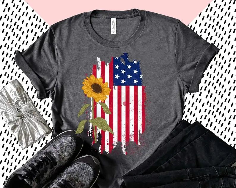 America Sunflower Flag T-shirt 4th Of July Shirt Short Sleeve Top Tees O Neck Fashion Streetwear harajuku 100% Cotton goth y2k