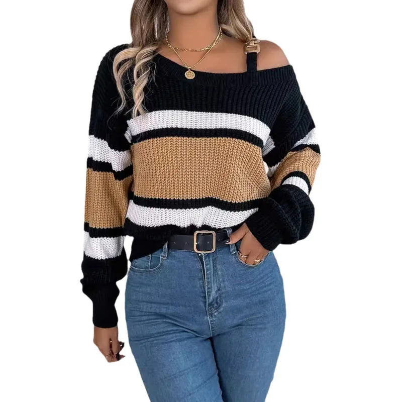 

JY Autumn and winter new acrylic loose shoulder color blocked knitted long sleeved women's pullover warm daily casual sweater