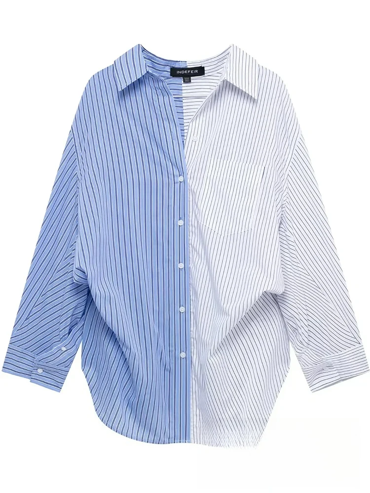 

KONDALA женская повседневная шикарная полосатая лоскутная блузка с длинным рукавом, однобортная свободная посадка, модная весенне-летняя рубашка 2025