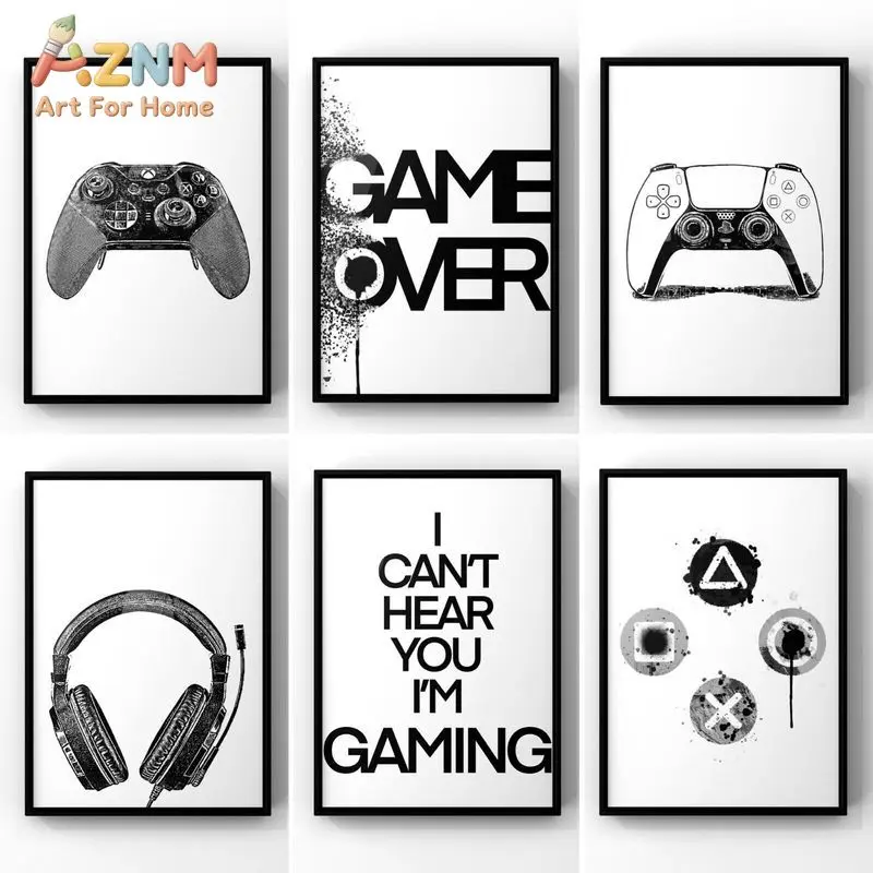 AZNM Black White Gaming Canvas Wall Art Game Controller Headset Game Over Quote Modern Gamer Room Unframed Canvas Home Decor Pai
