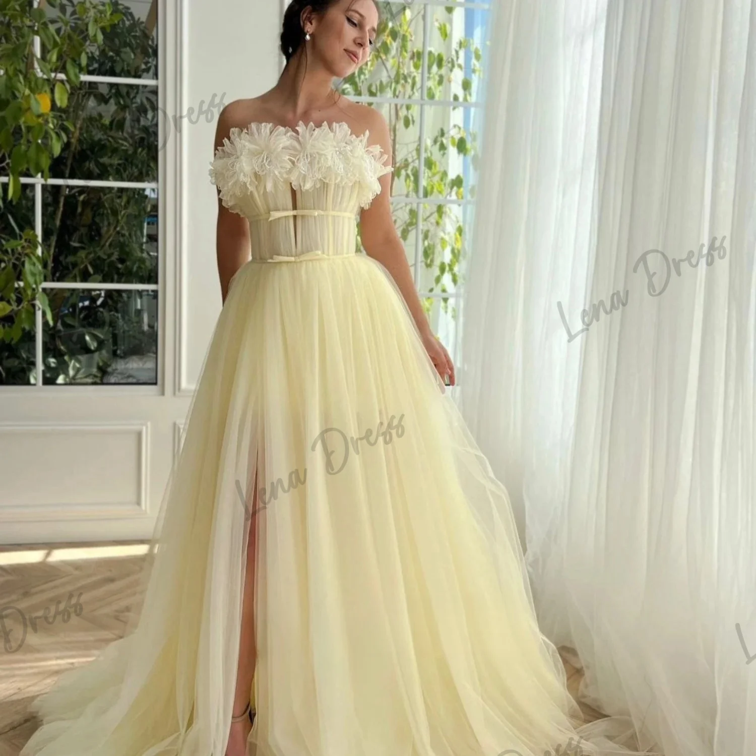 

Lena Yellow Cocktail Dress Suitable for Ball Strapless Elegant Guests Wedding Dress Party Evening Elegant Luxury Celebrity Mesh