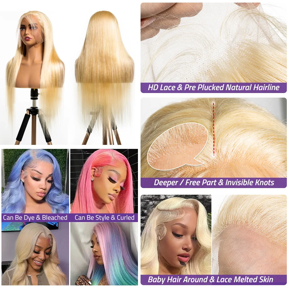 613 Bone Straight Honey Colored Human Hair Lace Closure Wig Blonde 13x6 Hd Transparent Lace Front Wigs 100% Brazilian dla kobiet