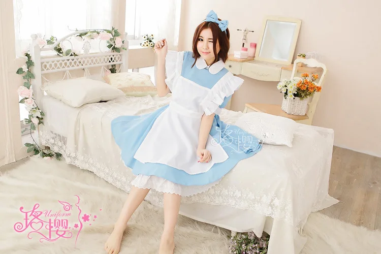 Cosplay Kostuum Lolita Jurk Meid Schort Fantasia Carnaval Halloween Wonderland Blauw Licht Tone Lolita Meid Kostuum