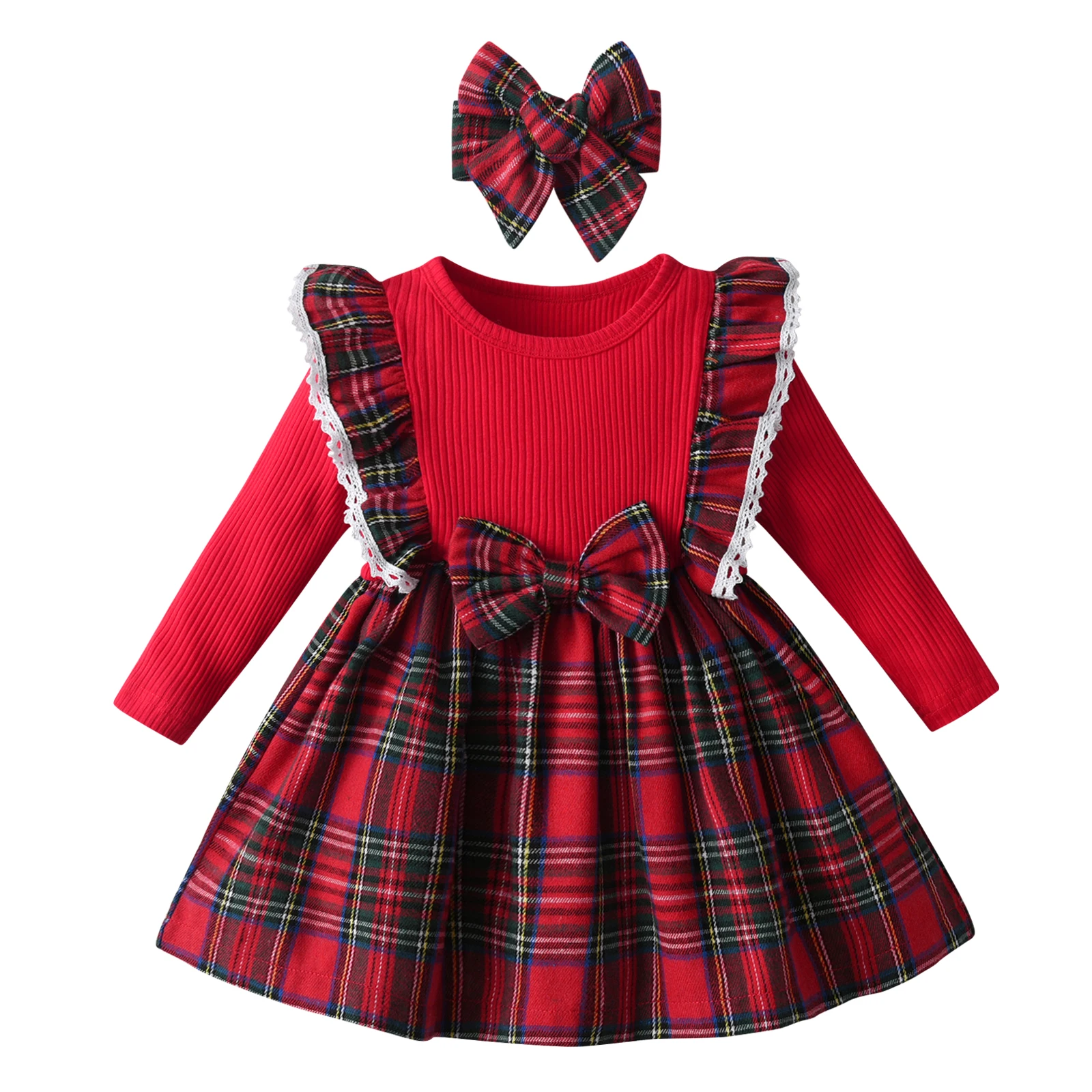 Spring Autumn Toddlers Baby Girls Princess Dress Clothes For 0-24 Months Cute Long Sleeve Plaid Dresses Come with Bow Headband