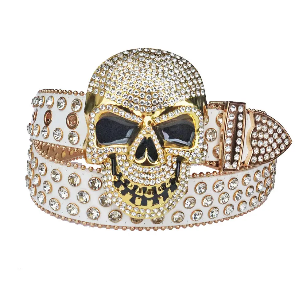 New Punk Western Big Skull Sparkly Men Women Leather Belt Bling Diamond Rhinestone Belt