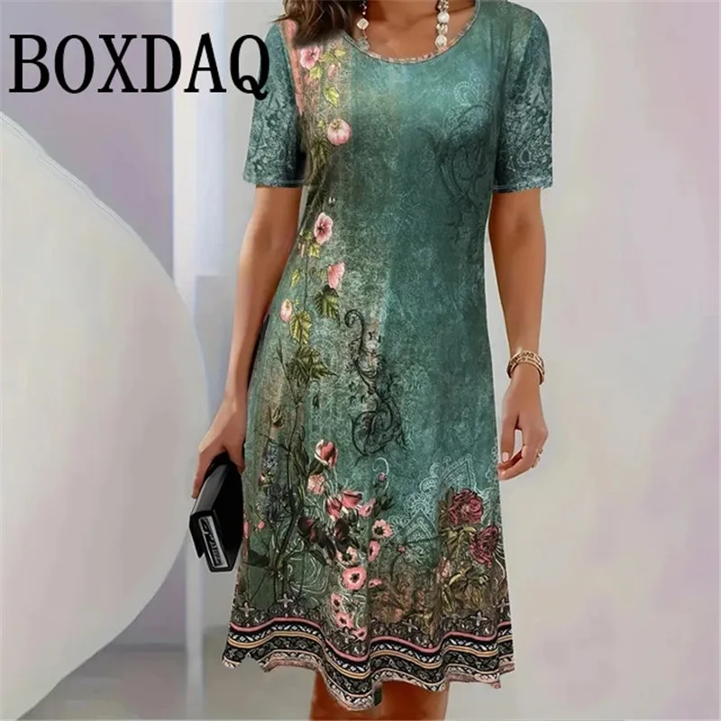 Lady New Dress 3D Printed Short Sleeve Mid-Length Dress Fashion Summer Autumn O-Neck Loose Vintage Dress Elegant Women Clothing