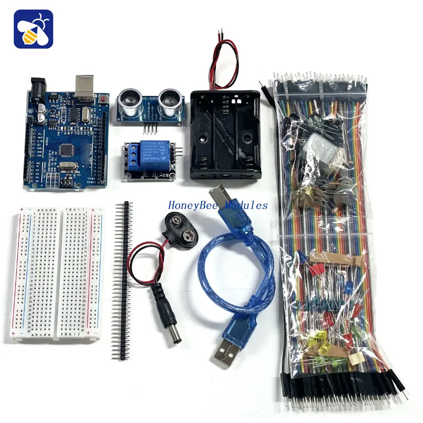 Uno R3 Starter Kit para Educação, Resistores Breadboard, Luzes LED, Motor DC, Buzzer, Uno R3