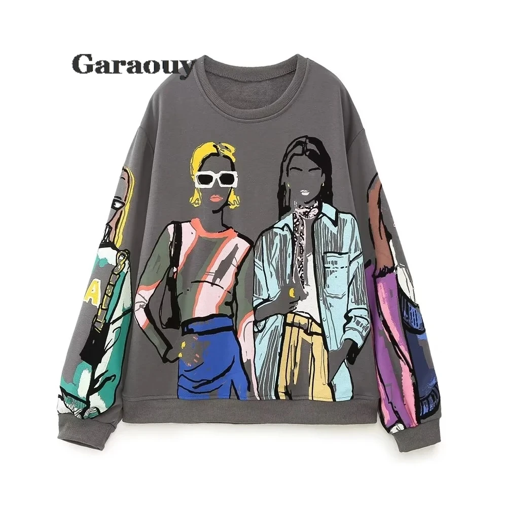 Garaouy Women\'s Spring 2024 New Fashion Joker Casual Loose Print Sweatshirt Vintage O-neck Long-sleeved Pullover Chic Top