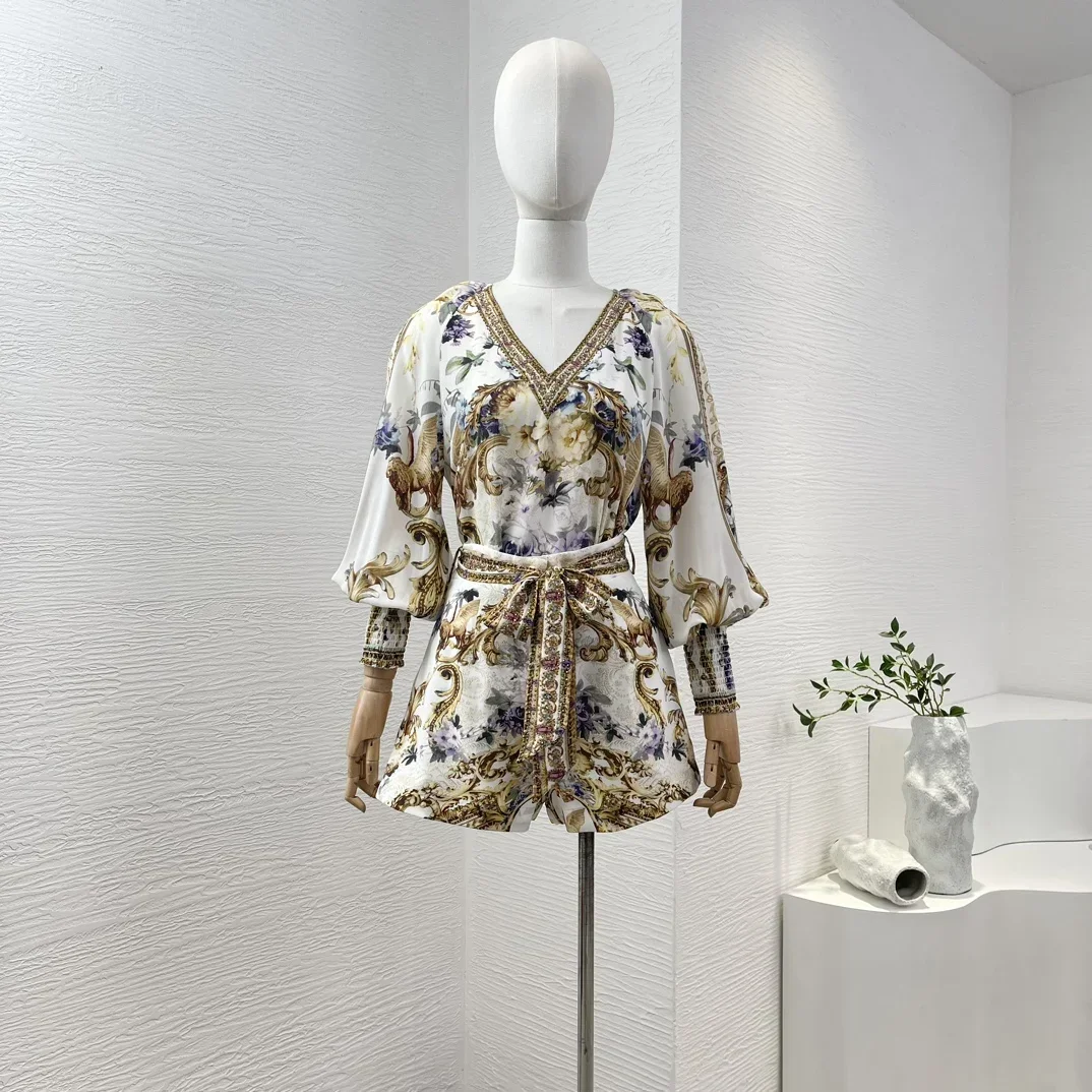 Silk 2024 New Gold Long Sleeve Floral Print Diamonds V-neck Blouse and Self Tie Belt of Shorts Women Set