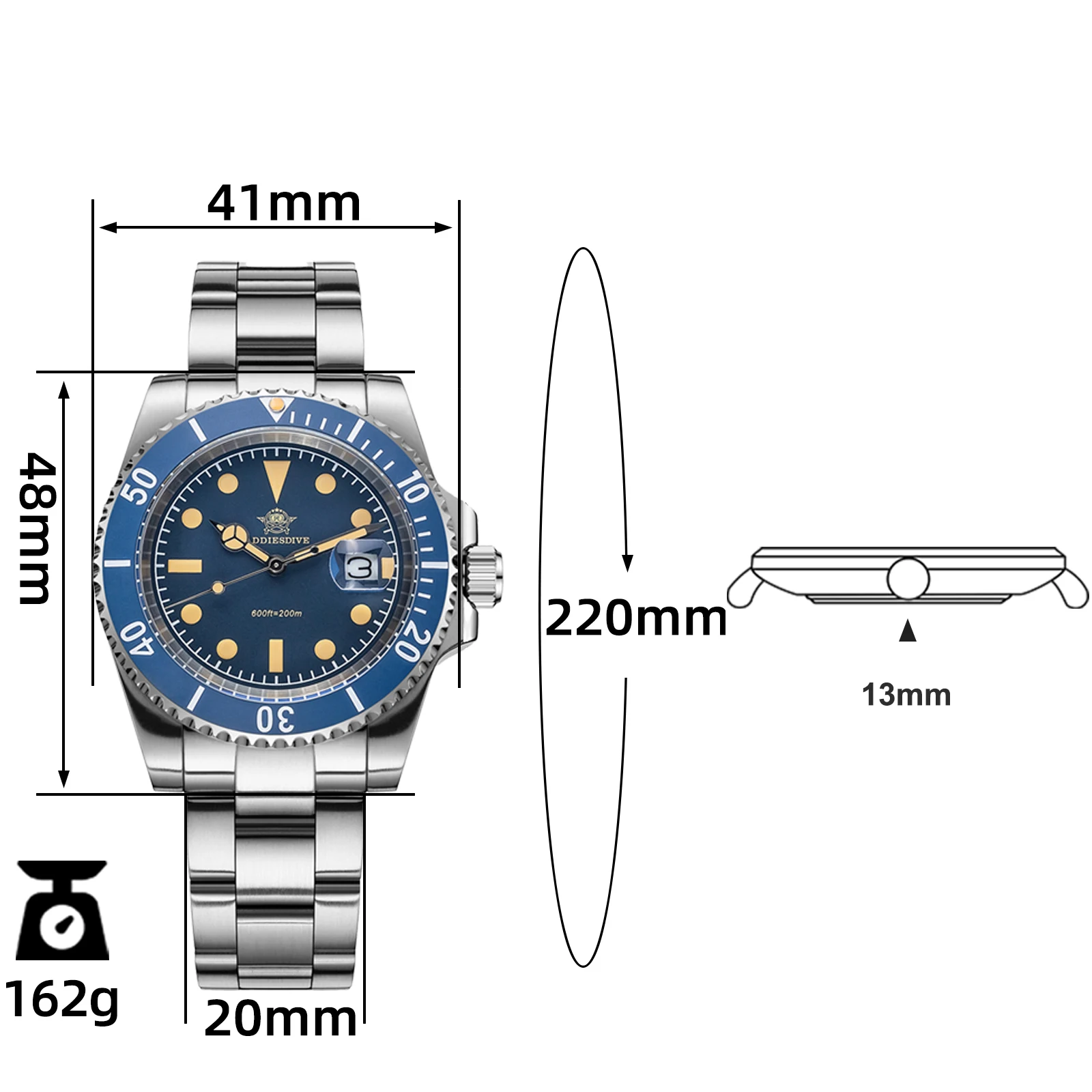 ADDIESDIVE Kalender-Quarzuhr für Herren, leuchtende Edelstahl-Armbanduhr mit Keramiklünette, 200 m wasserdicht, analoge Tauchuhren