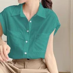 Pocket Patchwork Office Blouse Summer New Polo Neck Short Sleeve Solid Color All-match Shirt Tops Casual Fashion Women Clothing