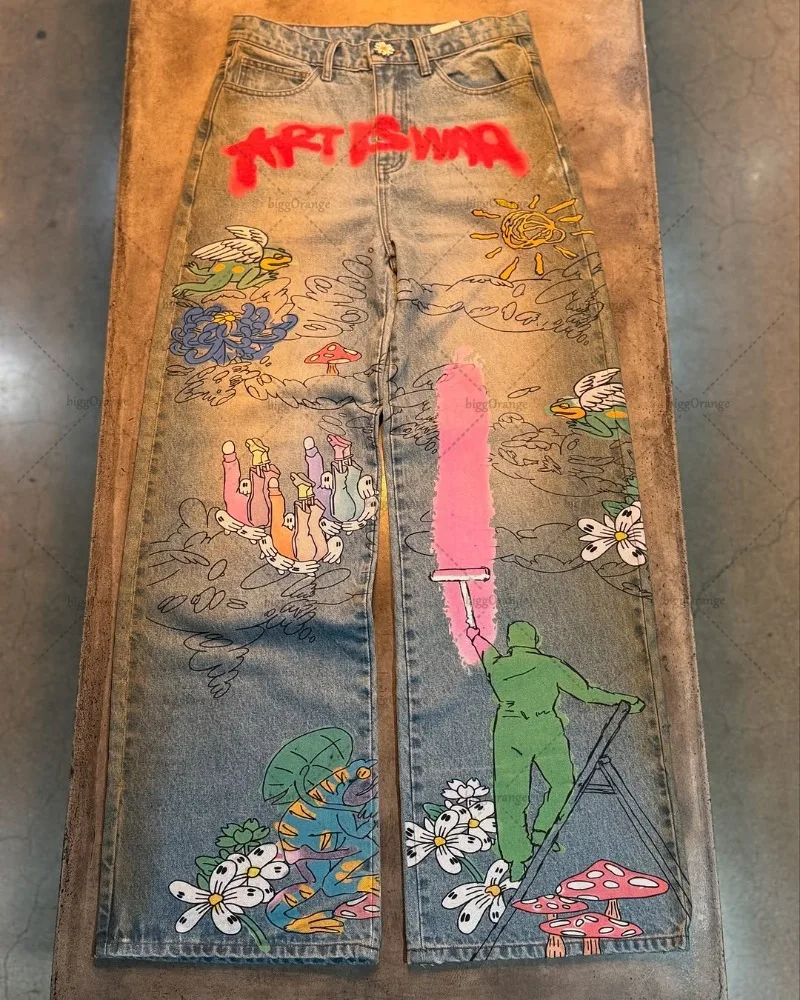 2025 Harajuku Y2K ملابس الشارع النسائية Kawaii الملابس الرجعية الكرتون فضفاض الجينز الهيب هوب الكتابة على الجدران عادية الدنيم مستقيم واسعة الساقين