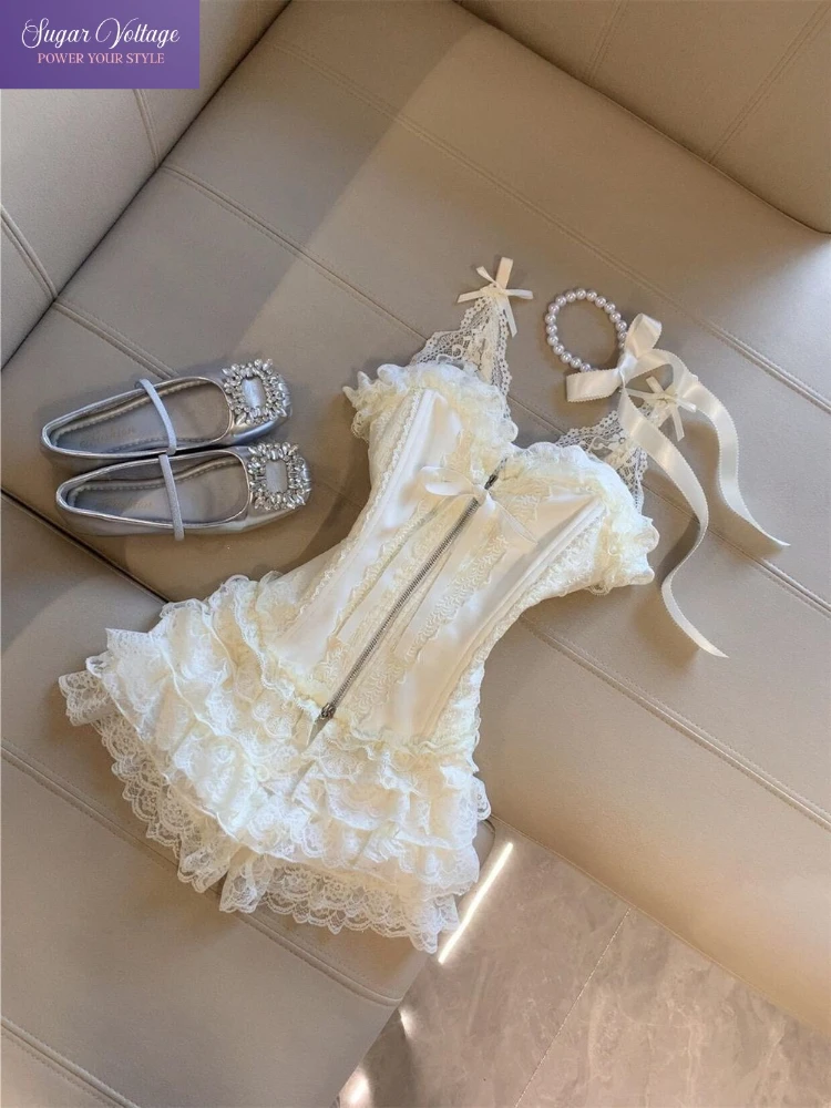 Korean Sweet Elegant 2 Piece Set Women Lace Strapless Top + High Waist Puffy Mini Tiered Skirt French Chic Birthday Party Outfit