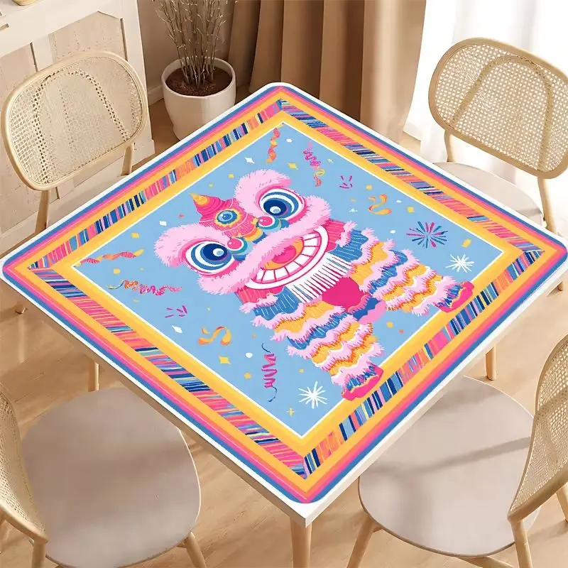 Square Mahjong Table Mat China-Chic Lion Awakening Festive Printing Anti-Skid Noise Reduction Game Mat Table Top Decoration