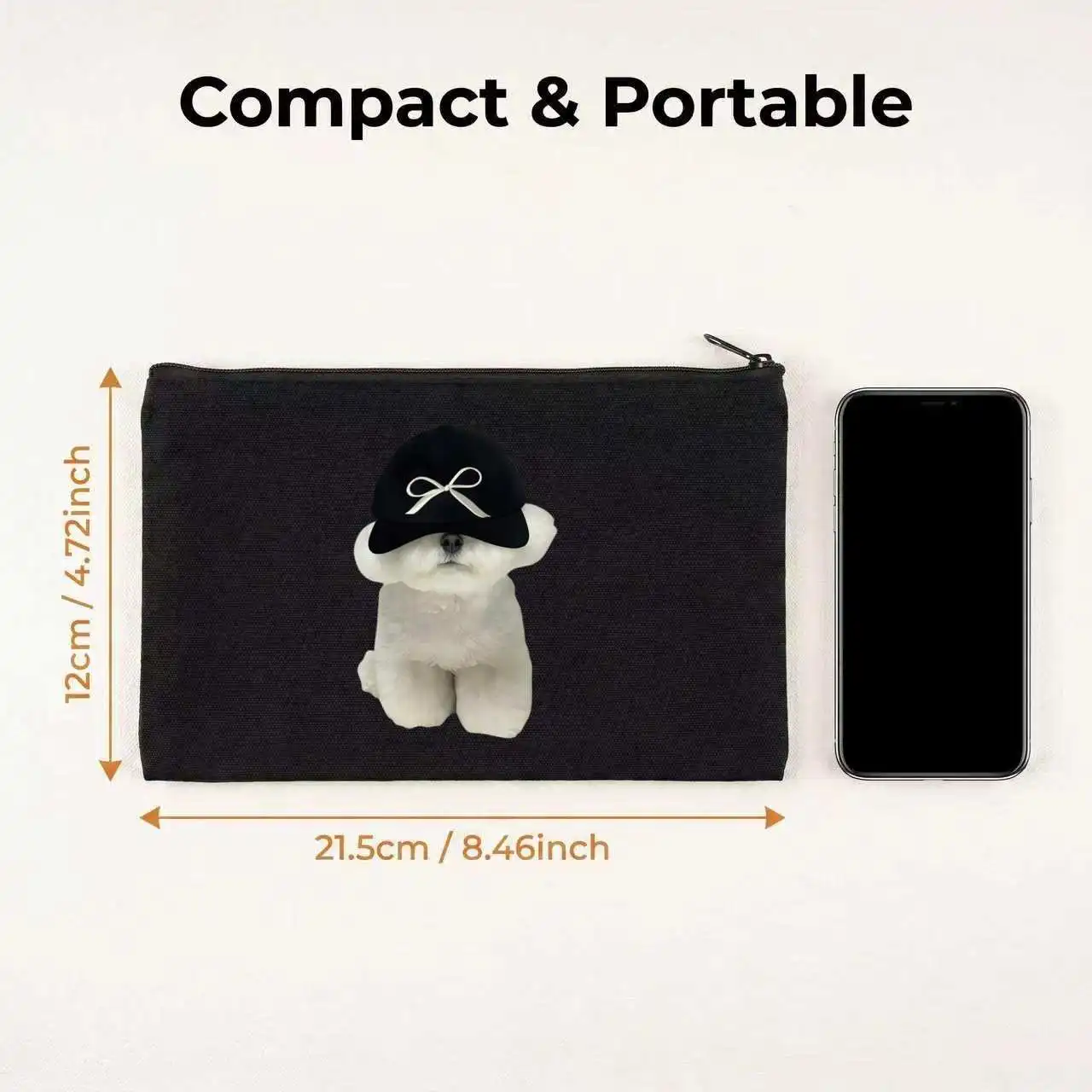 1PC Black Bow Cap White Fluffy Puppy Double Sided Print Canvas Cosmetic Bag Portable Travel Zipper Pouch