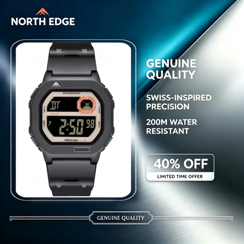 NORTH EDGE 2026 New Smart Watch for Men Digital Watches Simple Square Watches Waterproof 50M Stopwatch Countdown Alarm Luminous