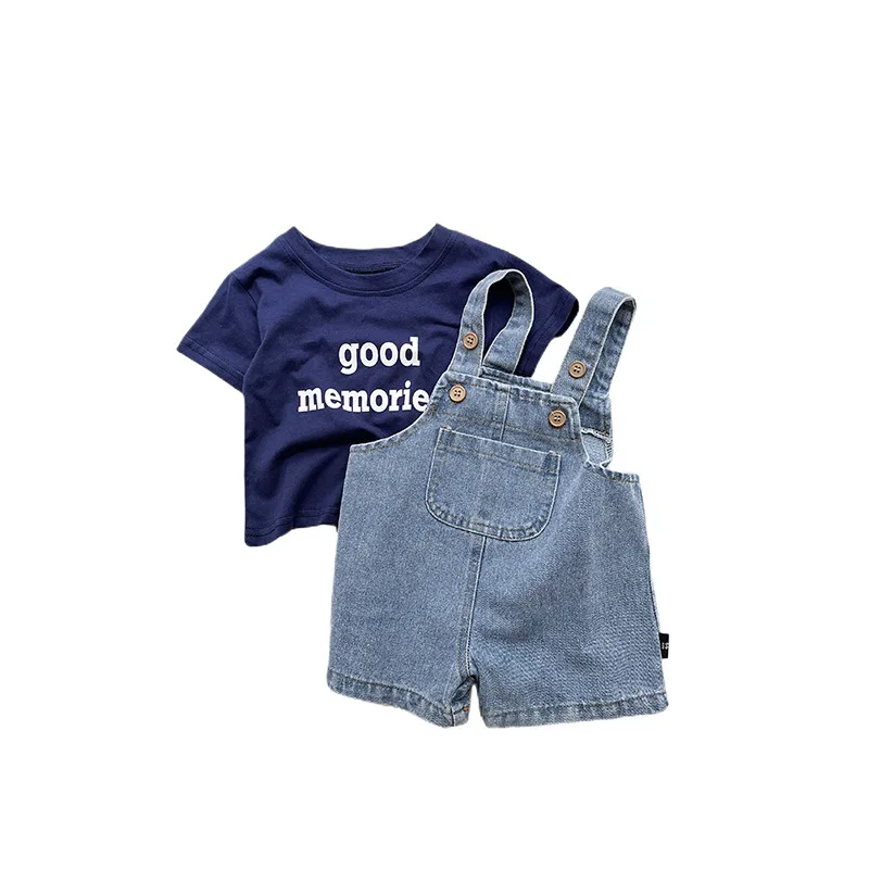 2024 Summer New Baby Overalls Set Infant Boy Girl Sleeveless Denim Strap Shorts + Letter Print T Shirt 2pcs Suit Toddler Outfits