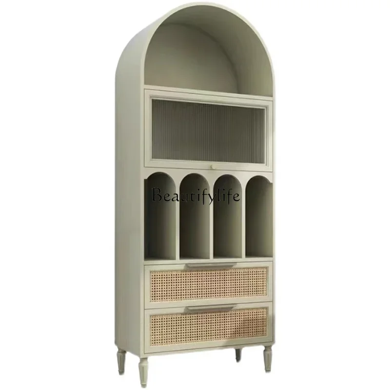 

05-ls 18American-style Rattan Woven Solid Wood Bookcase Nordic Light Green Living Room Arched Decorative Storage Wine Cabinet