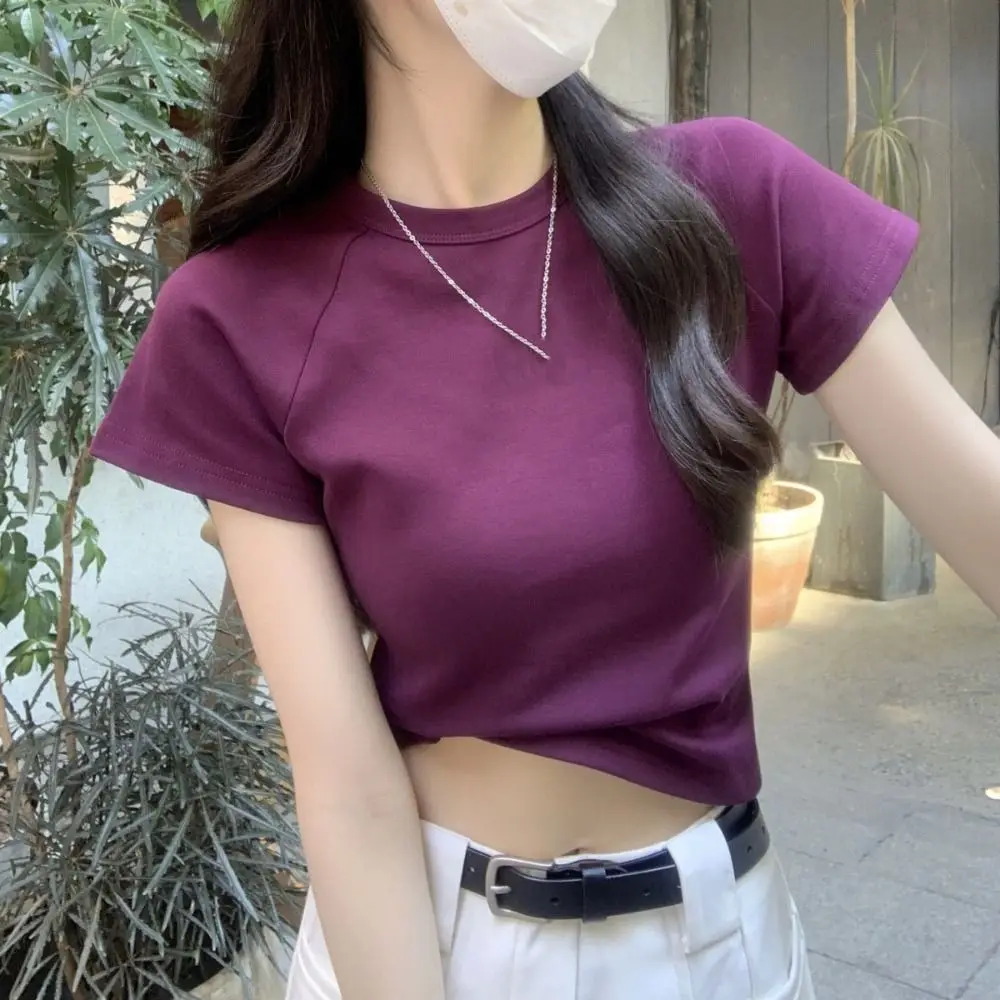 

Fashion Solid Color Short Sleeve T-shirt Chic Sweet Y2K Crop Top Slim Fit Korean Style Tees Shirts Women Streetwear