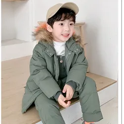 Fashionable Winter Down Jacket Fur Hooded Baby Boy Girl Overalls Warm Kids Coat Child Snowsuit Snow Toddler 2 Piece Clothing