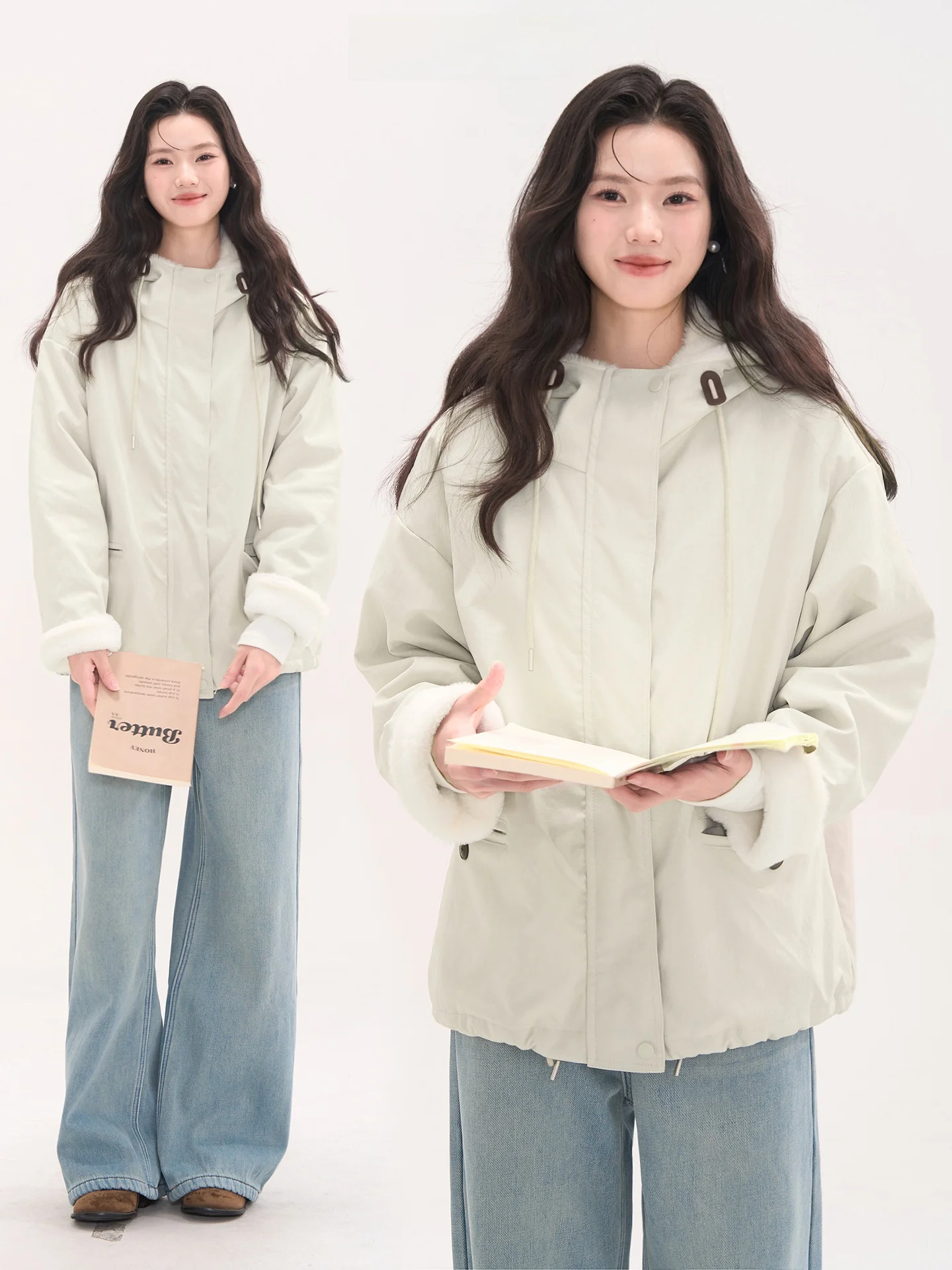 

Sweet Sle Fce Lined Hooded Jaet Zipper Cotton Coat Women Winter Casual Loose Fit Long Sve Color Commute Wear